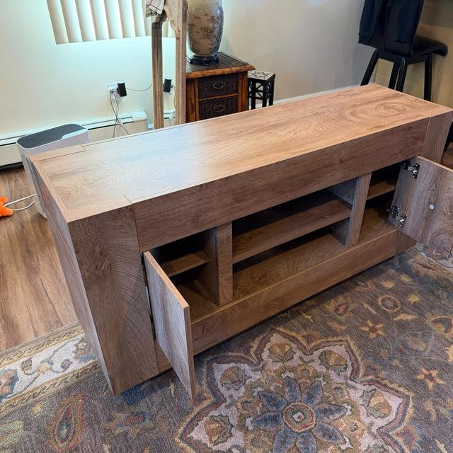 Oak TV console cabinet with open shelves, assembled
