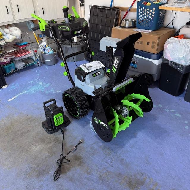 EGO snowblower, assembled in a garage